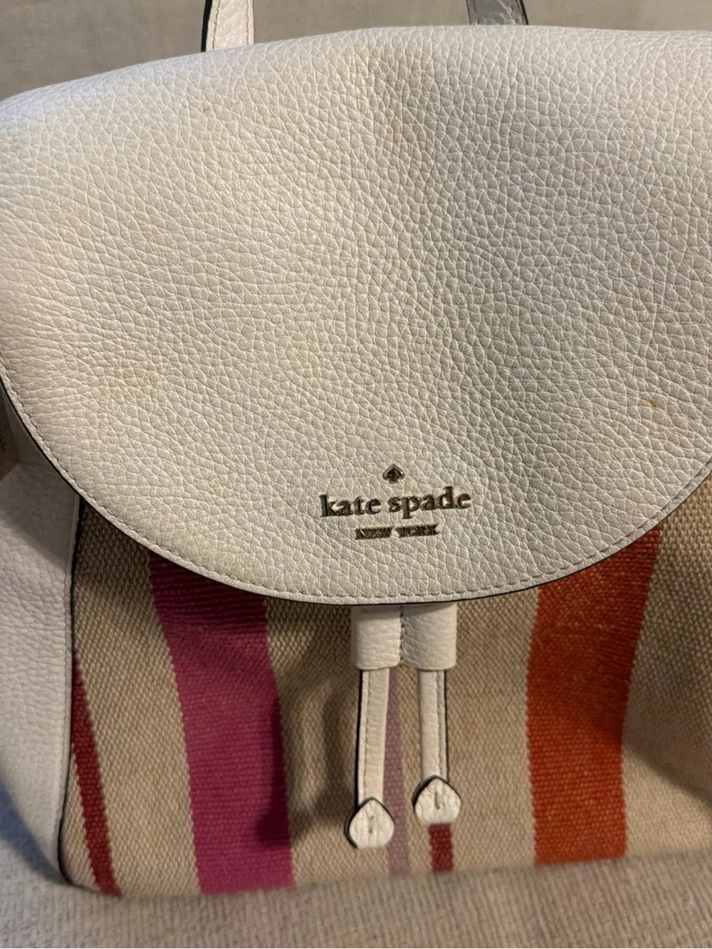 kate spade White Leather Backpack with Multicolor Stripe Front